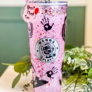 Custom Starbucks Horror Halloween Pink Tumbler 24oz Snowglobe Double Insulated